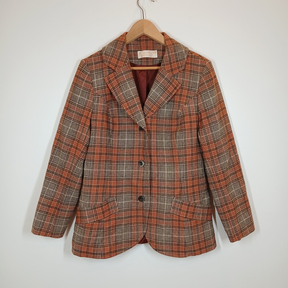 Pendleton Blazer Women 16 Brown Orange Plaid Virgin Wool USA Vintage Academia